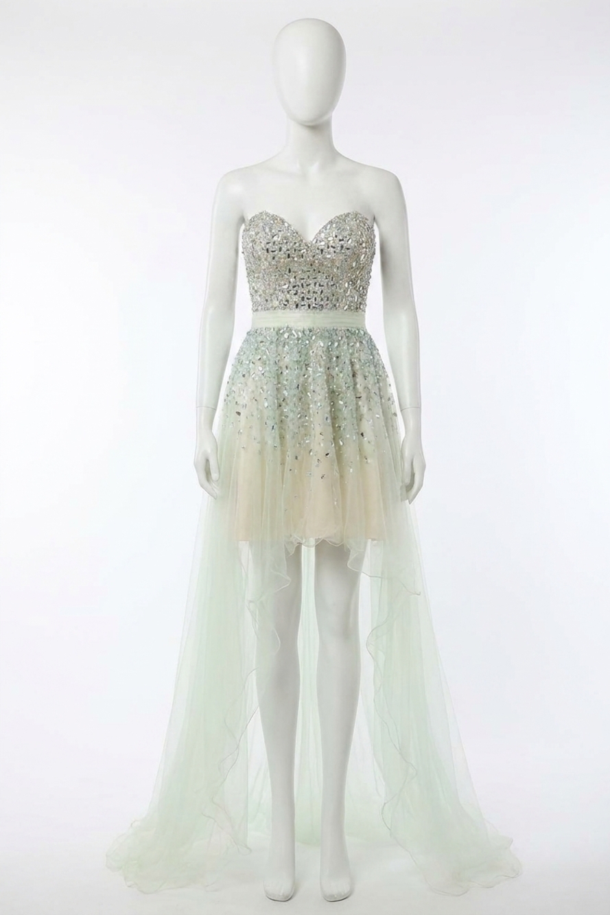 NEW TERANI COUTURE sweetheart crystal embellished prom dress in silver/nude
